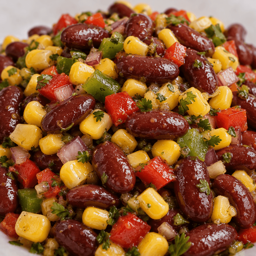 A moist, glossy mixture of plump reddish-brown beans, yellow corn kernels and small red and green vegetable pieces, loosely piled together.