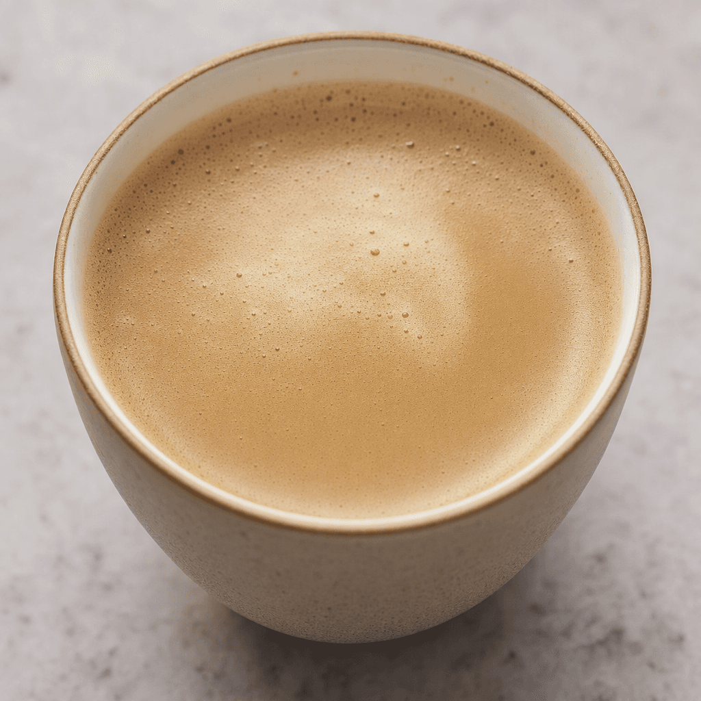 A smooth, creamy light-brown coffee fills a cup, with a thin layer of pale foam and a few tiny bubbles on the surface.