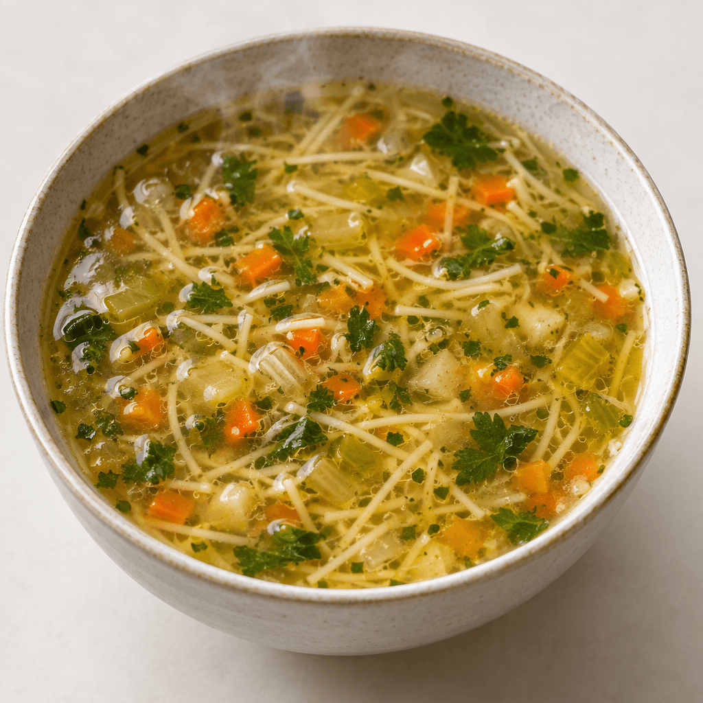 A bowl of thin, steaming broth with small rehydrated vegetable pieces and fine noodle strands suspended throughout, its surface glossy and lightly speckled with herbs.