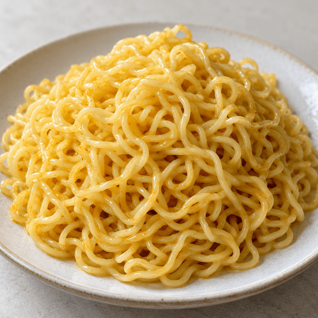 A generous mound of thin, wavy golden-yellow noodles sits on a plate, lightly glossy and gathered into loose curls.