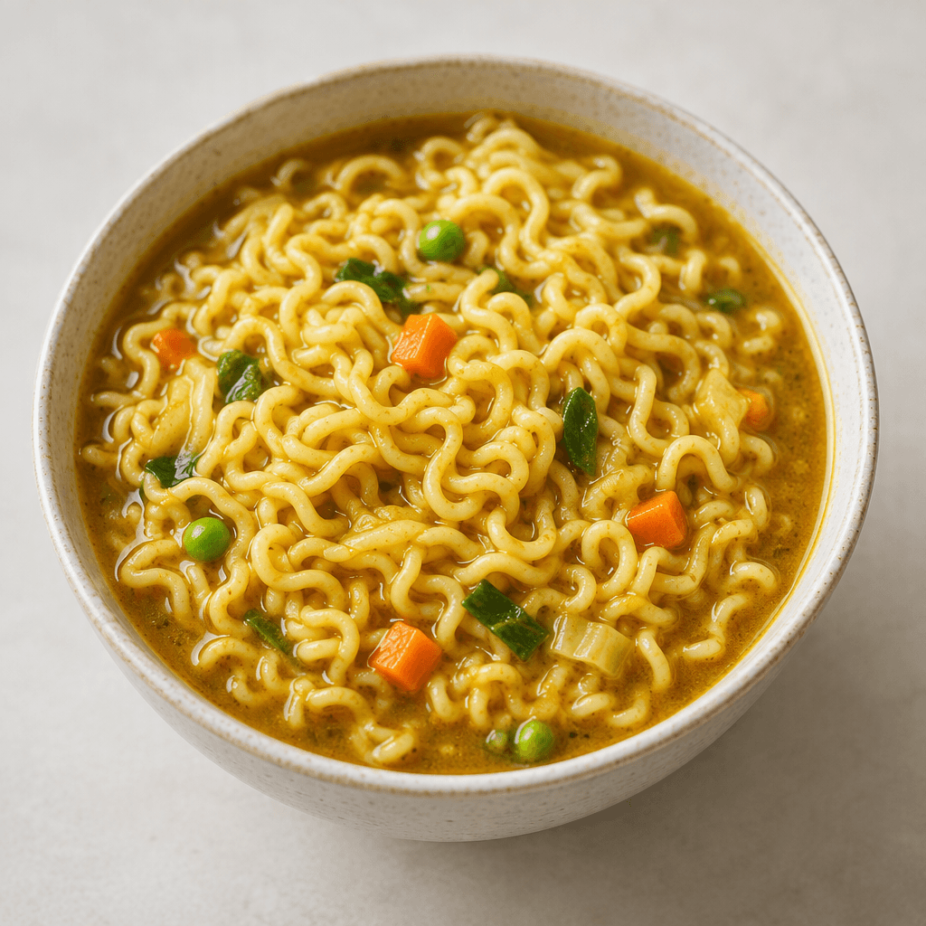 Curly yellow instant noodles sit in a shallow pool of golden-brown curry broth in a bowl, with a few small vegetable pieces visible on the surface.