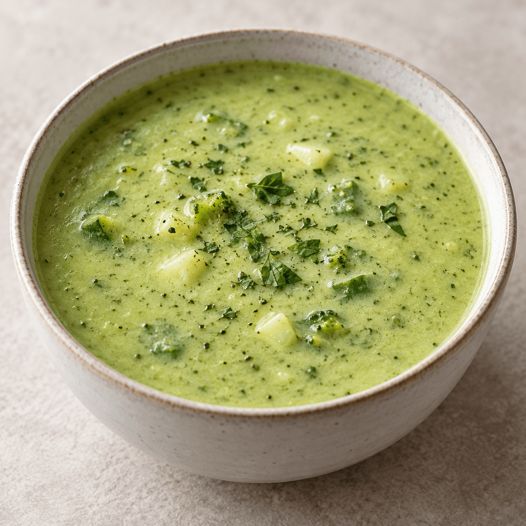 A pale green, lightly creamy soup sits in a bowl, dotted with tiny darker herb flecks and a few small pieces of vegetables.