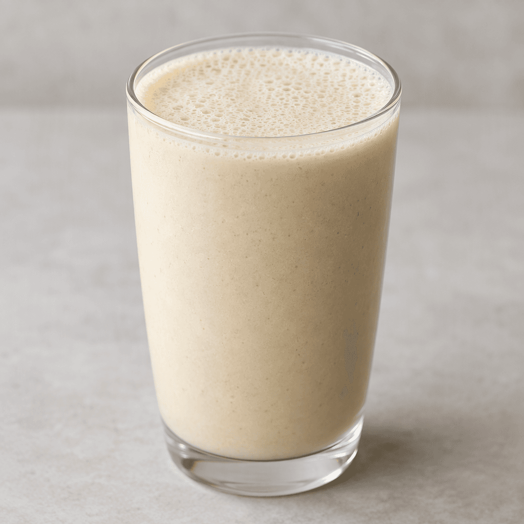 A smooth, opaque, pale beige shake sits in a clear glass, with a thin layer of fine bubbles on top.