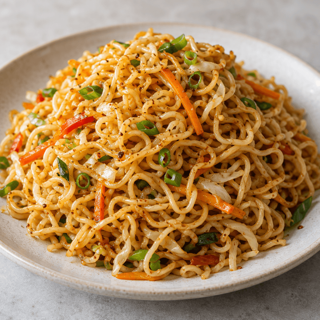A mound of thin, tightly curled golden noodles sits on a plate, lightly glossy and mixed with tiny vegetable pieces and flecks of seasoning.