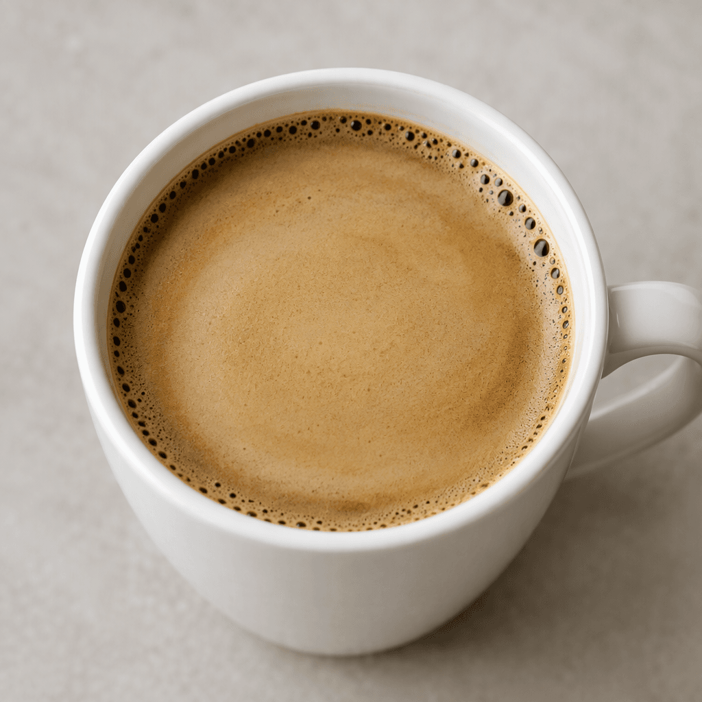 A cup of deep brown instant coffee with a smooth, light tan creamy surface and a few small bubbles around the edge, without visible sugar or granules.