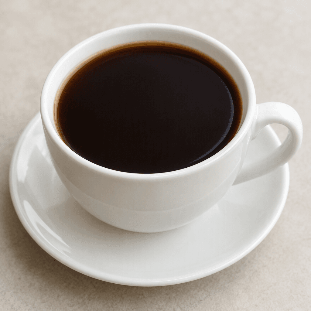 A cup filled with clear, very dark brown coffee, with a smooth surface and no milk, foam, or visible sugar.