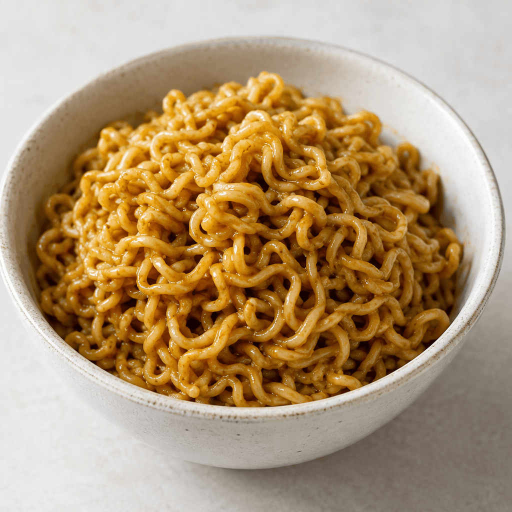A serving of thin, tightly wavy noodles coated in glossy golden-brown curry seasoning, gathered in a bowl.