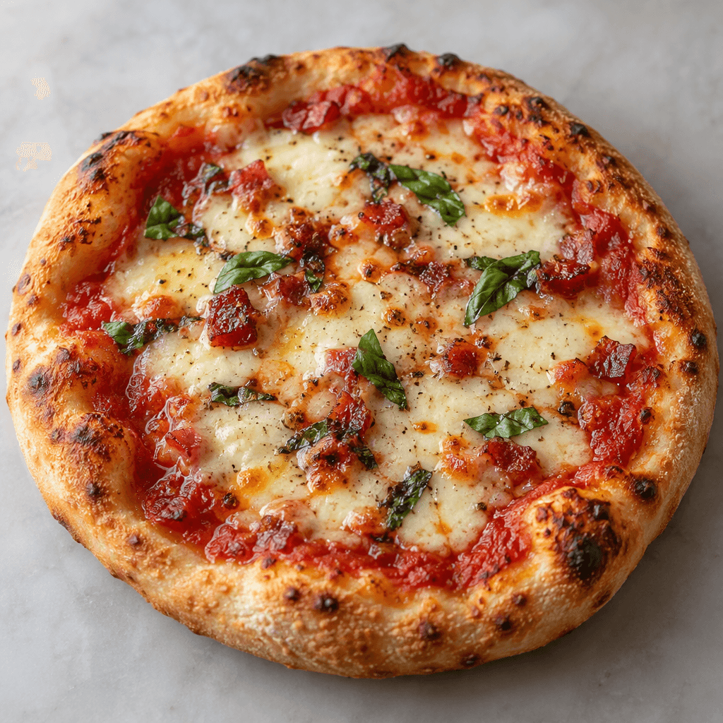 A small, round pizza with a golden, slightly puffed crust, a red tomato layer, and melted pale-yellow cheese dotted with small pieces of topping.