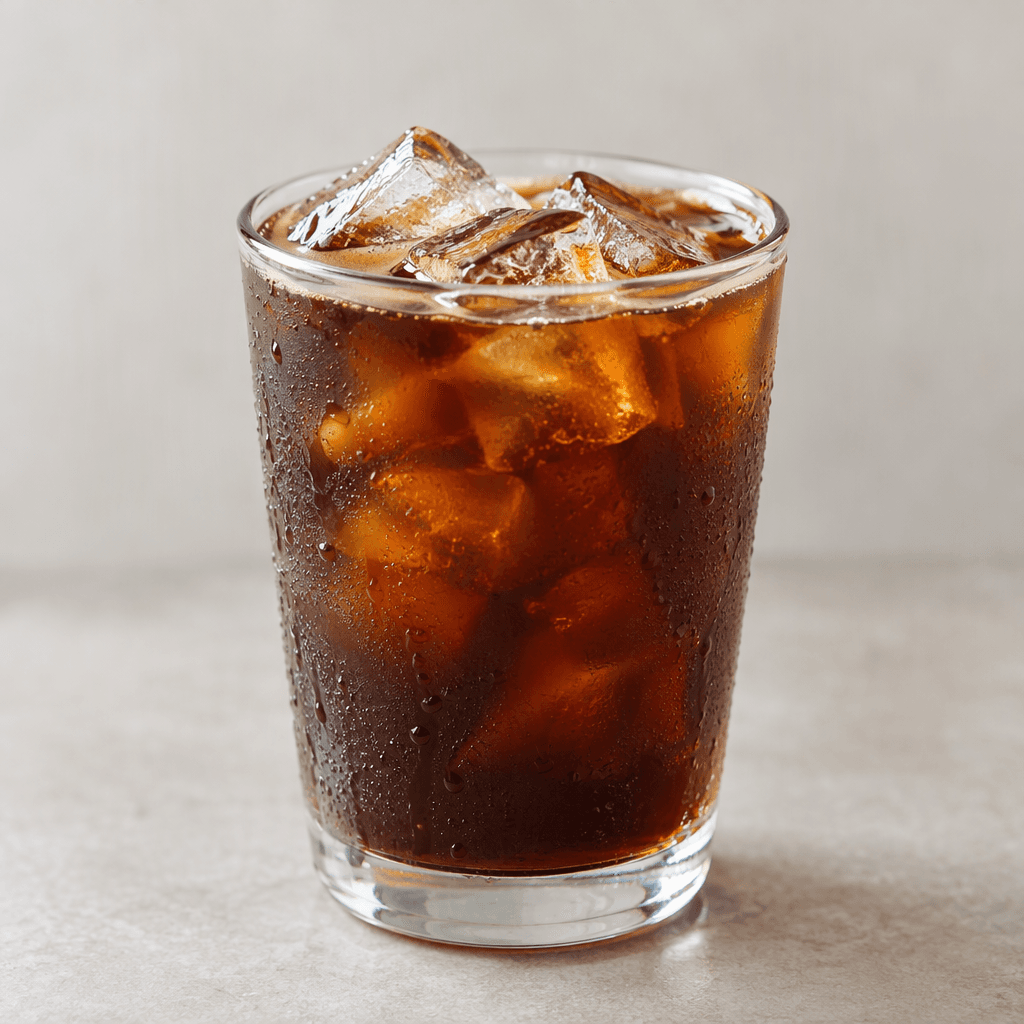 Dark brown, slightly translucent iced coffee sits in a clear glass over angular ice cubes, with a faint sheen and droplets of condensation on the outside.
