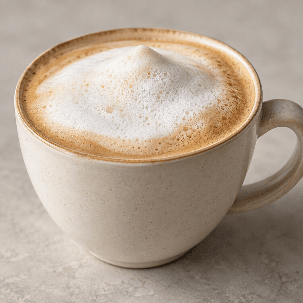 A light-brown milky coffee sits in a cup, topped with a thick layer of pale, airy foam.