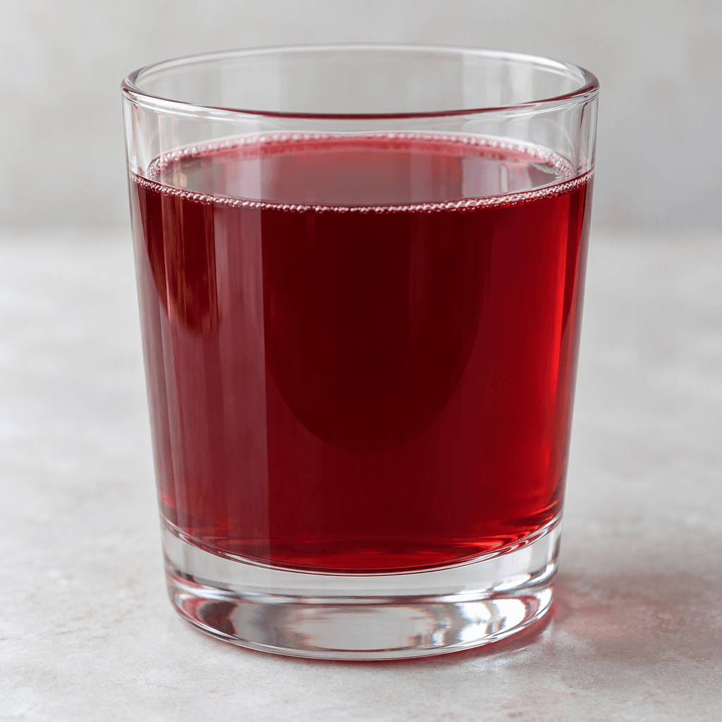 Deep ruby-red, slightly translucent sour cherry juice with a smooth, even appearance fills a clear drinking glass.