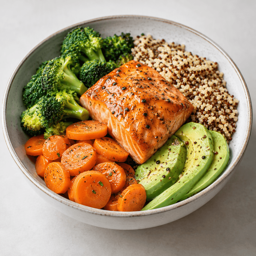 A single-serving prepared meal is arranged in a shallow dish, with distinct cooked ingredients in varied shapes and colours, a moist glossy surface, and neatly portioned sections.