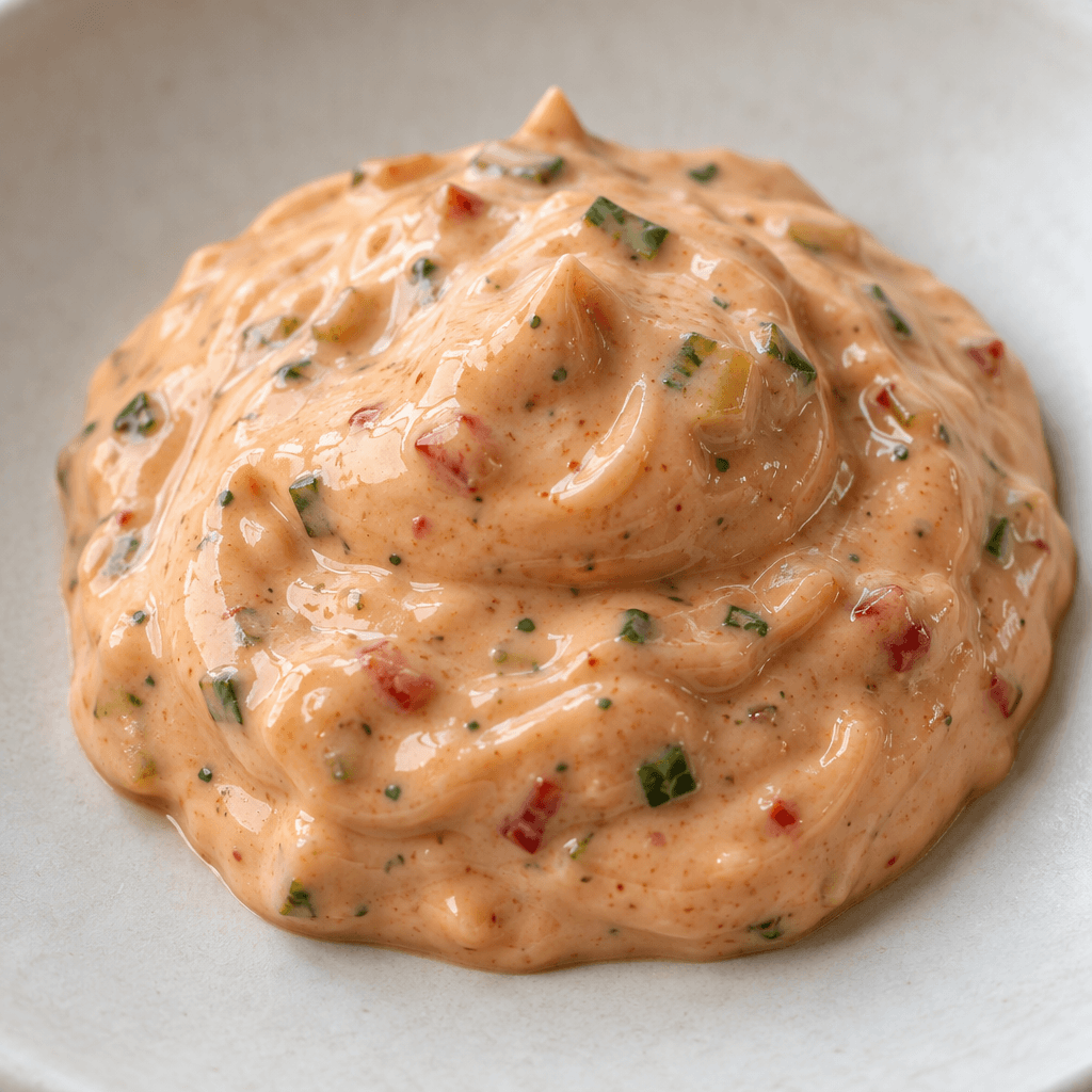 A thick, glossy pale orange-pink sauce sits in a smooth mound, dotted with tiny green and reddish pieces.
