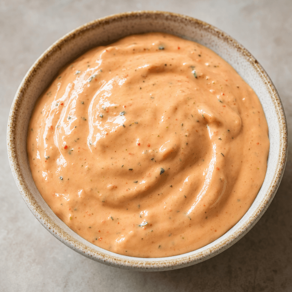 A thick, glossy, pale orange-pink sauce with tiny green and red flecks sits in a small bowl.