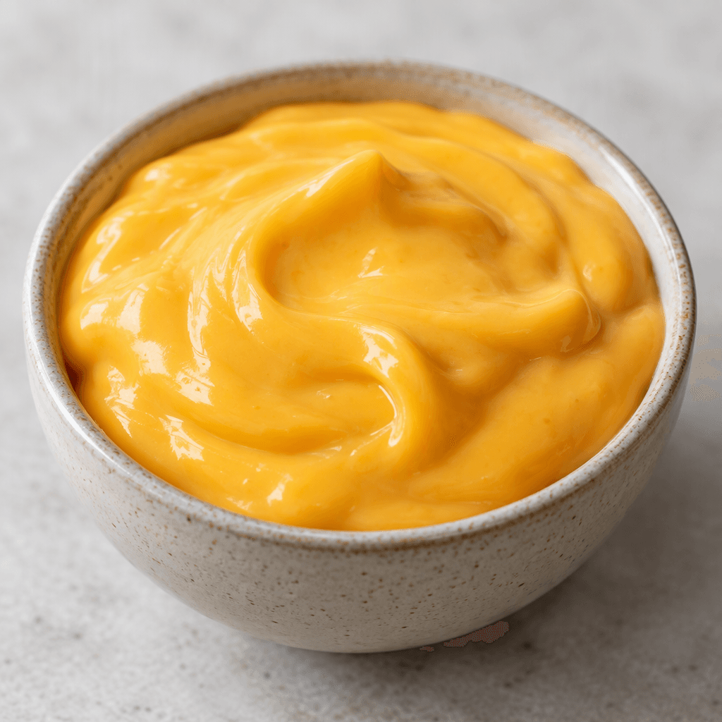 A thick, smooth, glossy yellow-orange cheese sauce sits in a small bowl, with a soft mound and a few gentle swirls on its surface.