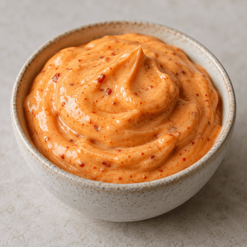 A thick, smooth pale orange-red mayonnaise with tiny red pepper flecks, spooned into a small bowl.