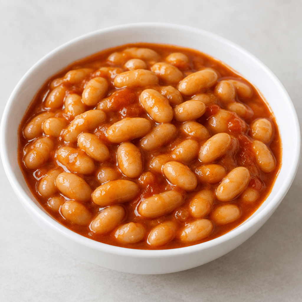 Small oval cream-colored beans sit in a glossy reddish-orange tomato sauce, gathered in a shallow white bowl.