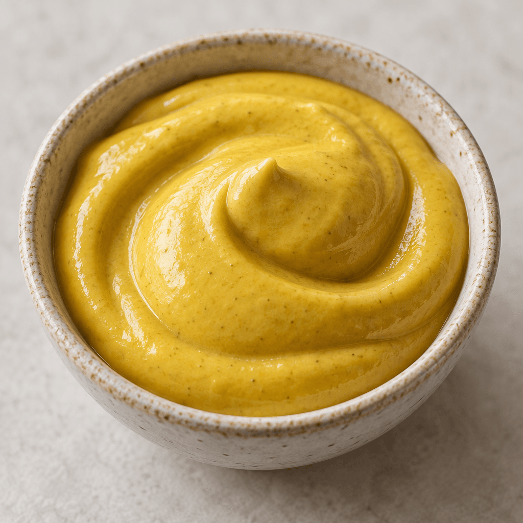 A thick, smooth, glossy mustard-yellow sauce sits in a small dish, with soft folds and a rounded swirl on its surface.