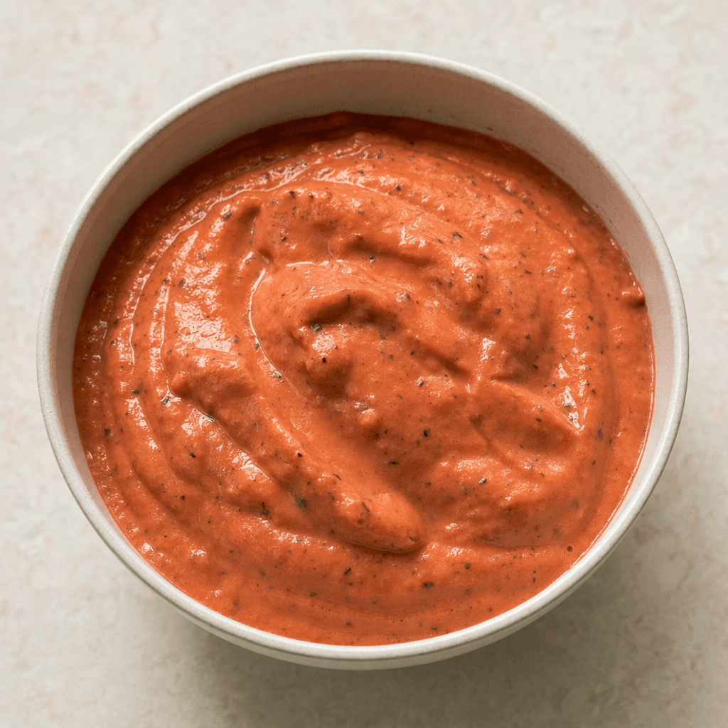 A thick, glossy tomato sauce in a muted pink-red hue, with a smooth creamy texture and tiny visible herb flecks, spooned into a small bowl.