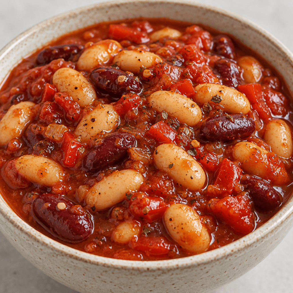 Plump pale and deep-red beans sit in a glossy, thick red tomato sauce, dotted with small pieces of red pepper and spices.