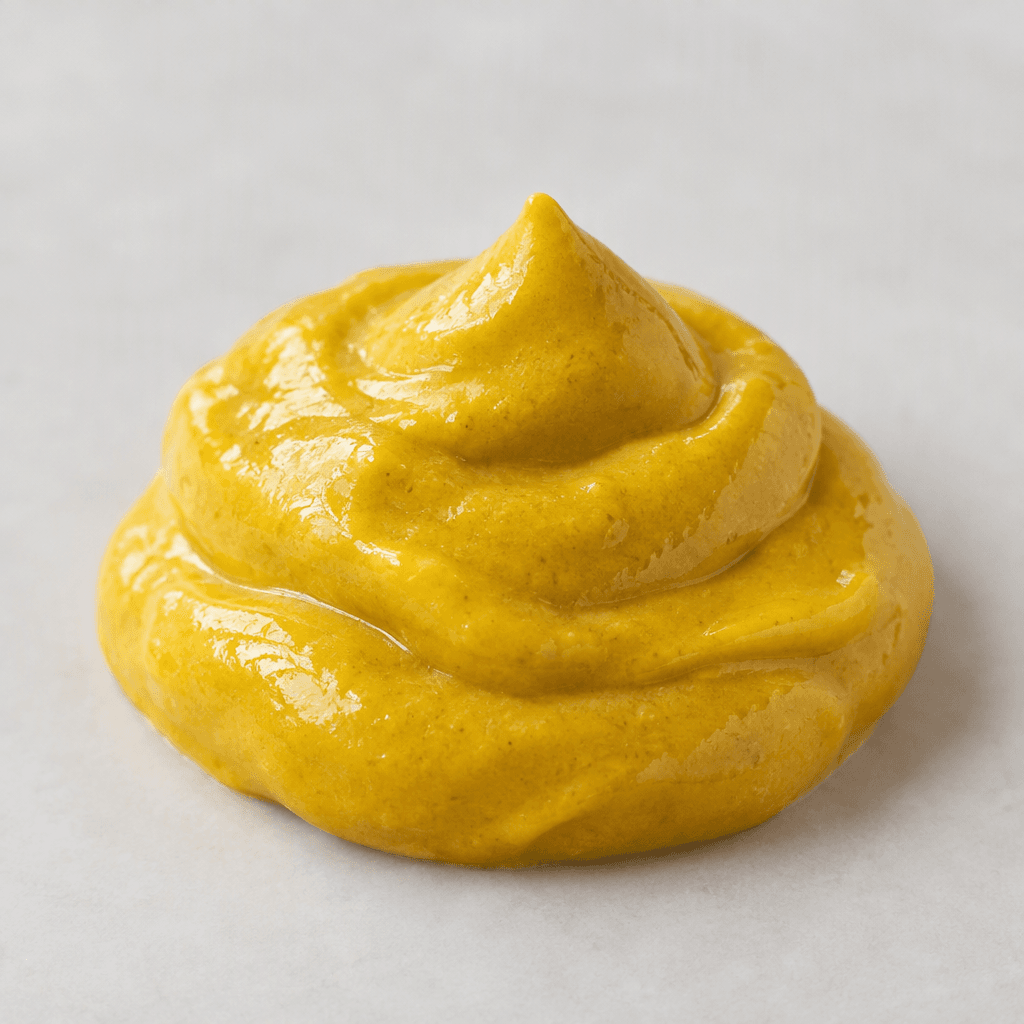 A smooth, thick, glossy golden-yellow mustard sits in a small rounded mound with soft ridges.