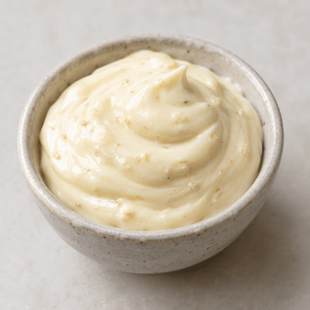 Thick, smooth, glossy pale-ivory garlic mayonnaise sits in a small dish, with a few tiny garlic flecks visible.
