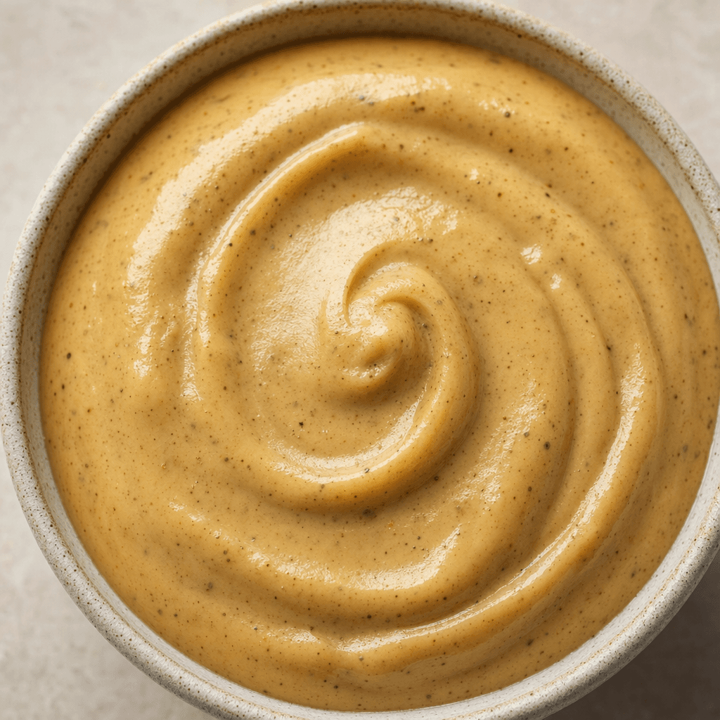 A thick, smooth, glossy pale tan sauce sits in a soft swirl, with faint darker smoky-brown flecks throughout.