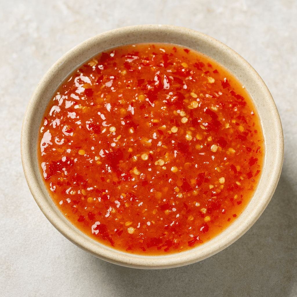 A glossy, translucent red-orange sauce with tiny red chili pieces and pale seeds suspended throughout, pooled in a small bowl.