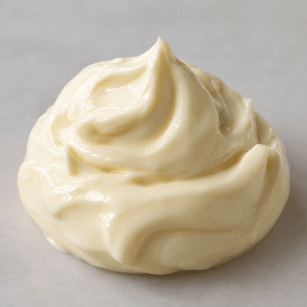 A thick, smooth, pale ivory mayonnaise sits in a rounded mound with soft peaks and a faint glossy sheen.