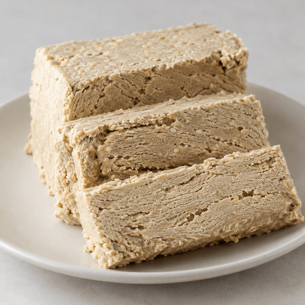Dense, crumbly sesame halva in thick rectangular slices, pale beige with fine fibrous layers and small irregular cracks, arranged on a plain plate.