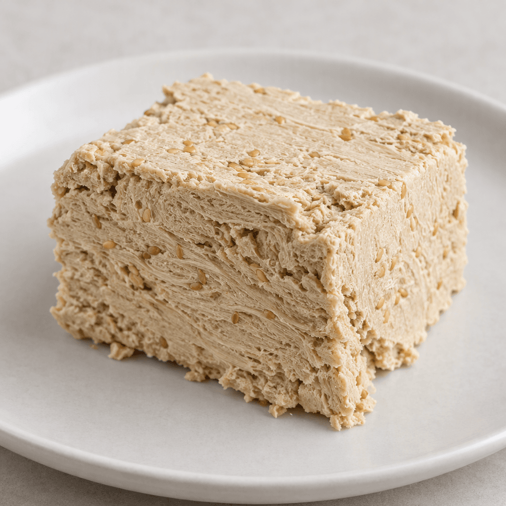 A compact rectangular block of pale beige halva with a fine, fibrous, flaky texture, uneven crumbly edges, and a few visible sesame flecks, served on a plain plate.
