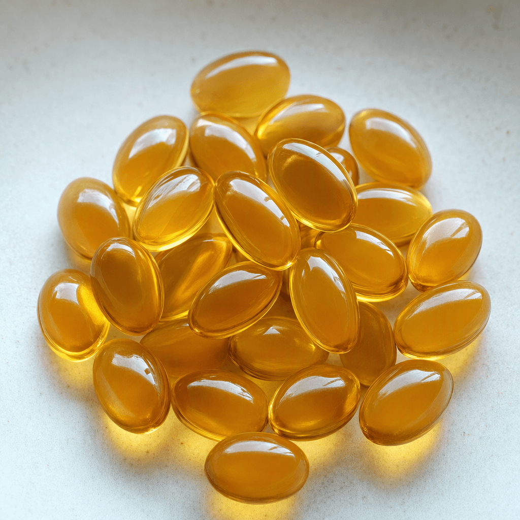 Small, smooth, glossy, translucent golden-amber oval softgel capsules are loosely arranged together.
