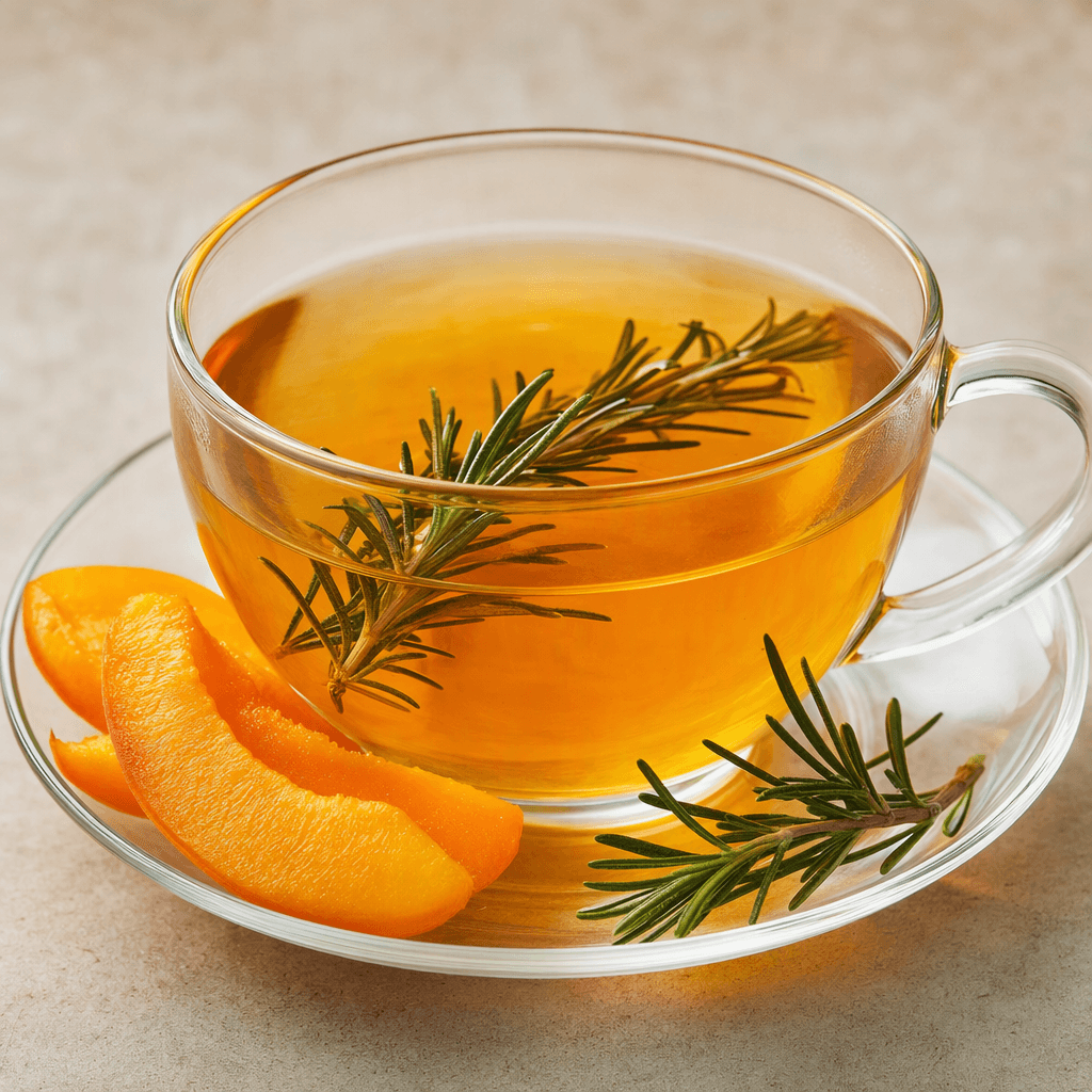 A clear golden-amber tea is served in a transparent cup, with a sprig of rosemary and pieces of apricot visible beside it.