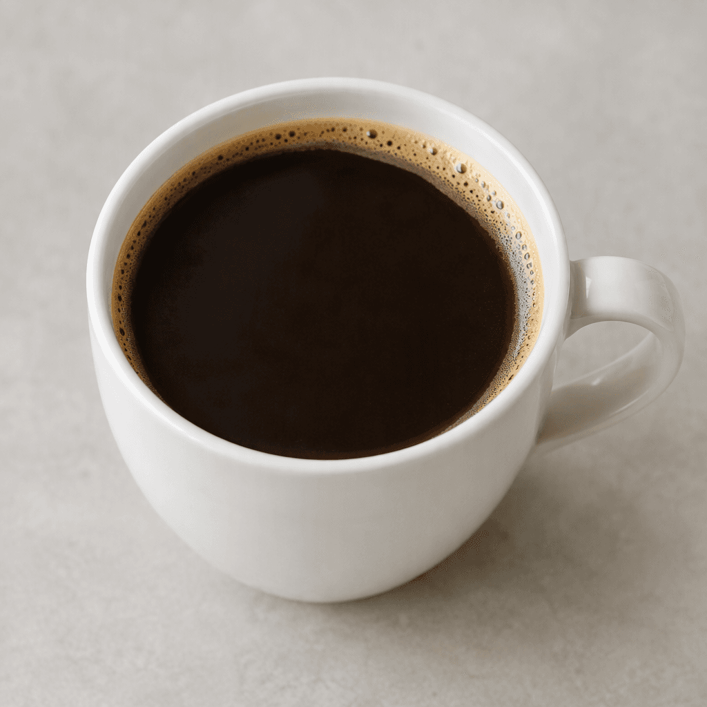A cup of dark-brown coffee with a smooth surface and a thin layer of light-brown foam.