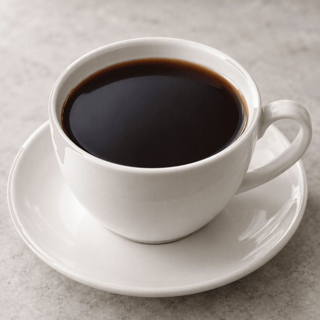 A dark brown, smooth coffee served in a cup, with a level surface and no visible toppings.