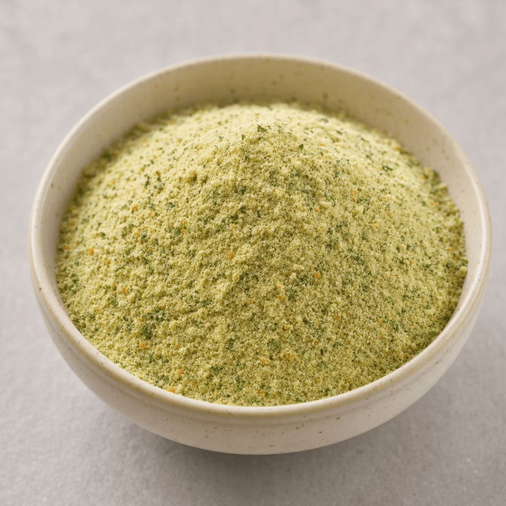 A mound of fine, pale greenish-beige soup powder with tiny darker herb and vegetable flecks, resting in a small bowl.