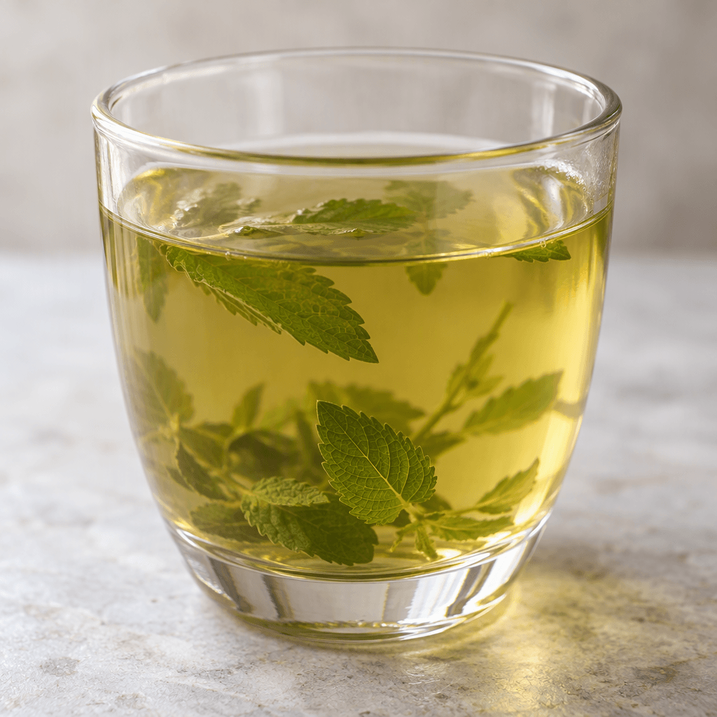 A translucent, pale greenish-amber herbal drink is served in a clear glass, with a few small herb leaves visible in the liquid.