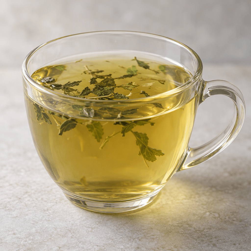 A clear cup holds a pale golden-green herbal infusion with a few small leaf fragments visible near the surface.