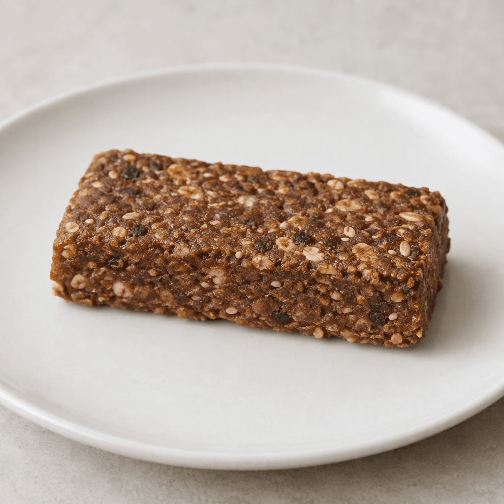 A compact rectangular brown protein bar with a dense, slightly rough surface and small visible grain and seed pieces, served on a plain plate.