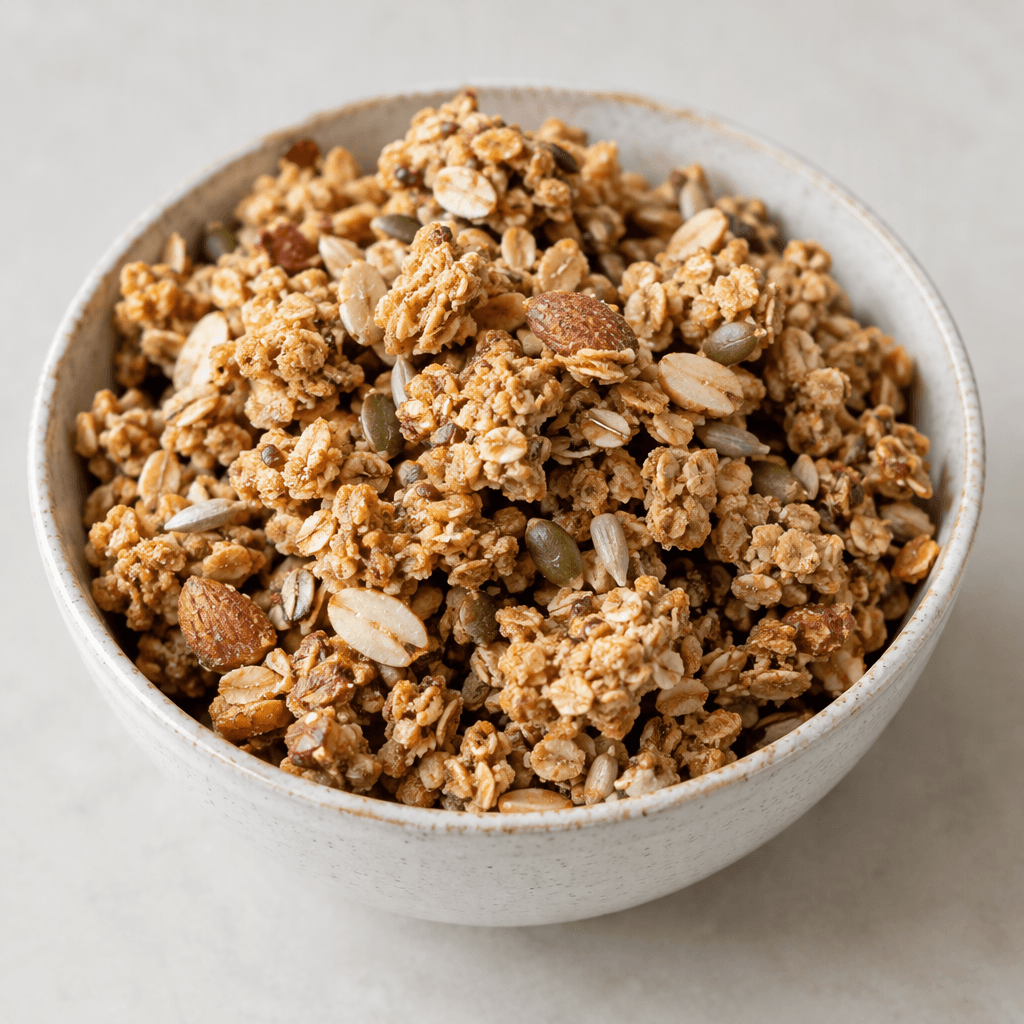 Irregular golden-brown granola clusters with visible rolled oats and scattered seeds and nut pieces are piled in a bowl.
