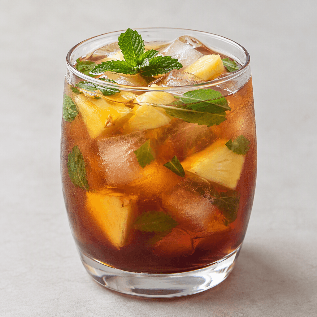 A clear glass holds amber iced tea with a subtle deep-purple tint, translucent ice cubes, small pieces of yellow pineapple, and fresh green herb leaves near the surface.