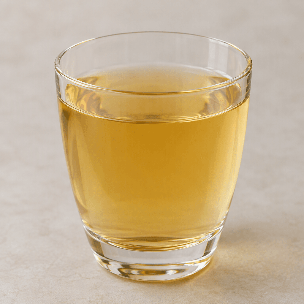 A clear, pale amber herbal infusion sits in a transparent glass, with no visible garnish or floating ingredients.