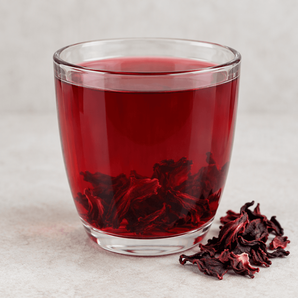 A clear, deep ruby-red herbal tea fills a transparent glass, with a few dark red hibiscus petals visible near the bottom and a small cluster of loose petals beside it on the surface.