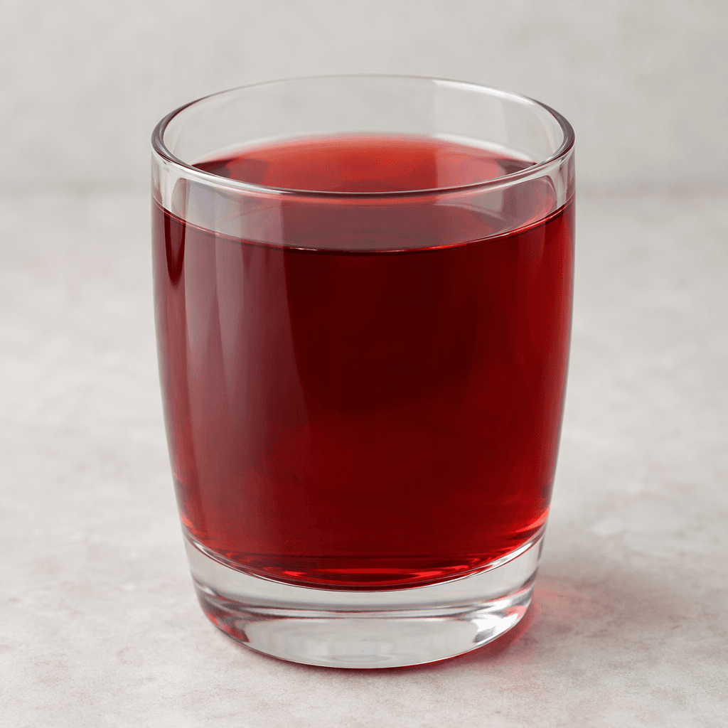 A translucent deep ruby-red beverage with a smooth, clear surface, served in a transparent glass with no visible pulp or garnish.