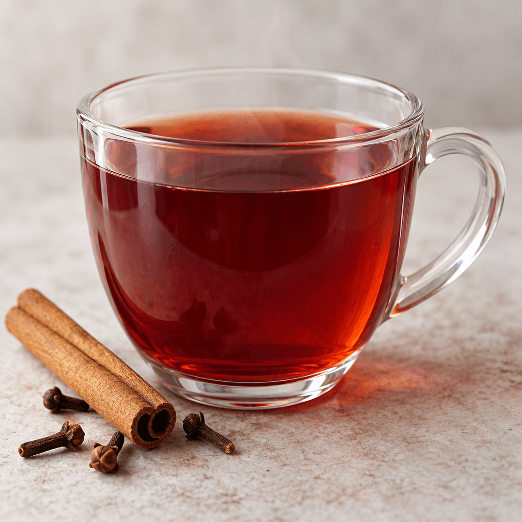 A clear glass cup holds a translucent deep ruby-red tea, with a cinnamon stick and a few dark whole cloves visible beside it.