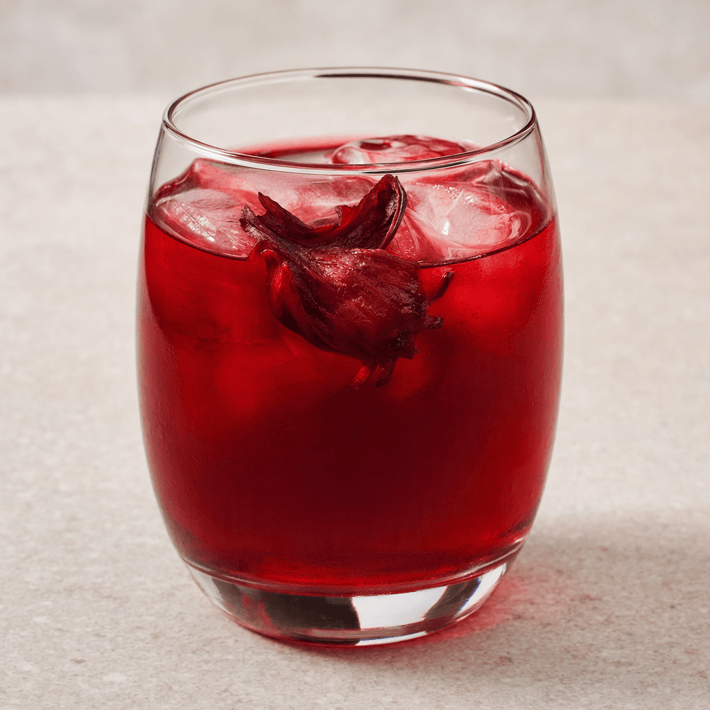A deep ruby-red, translucent drink with a slight sheen is served in a clear glass, with a few ice cubes and a slender hibiscus petal floating near the surface.