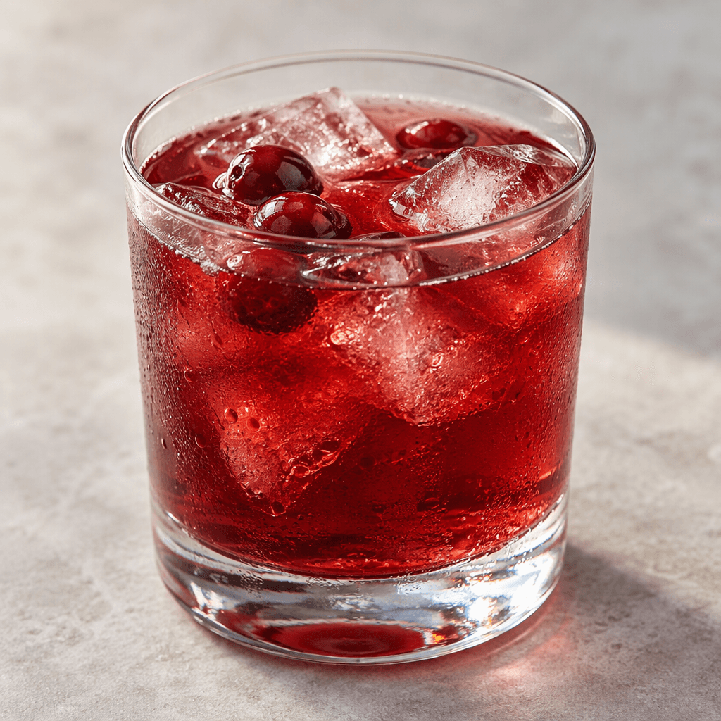 A clear glass holds a translucent deep ruby-red drink over ice, with a few dark red berries visible near the surface.
