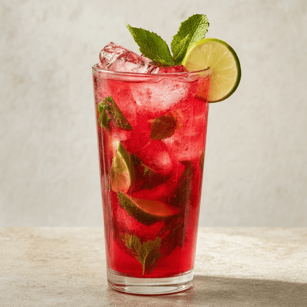 A tall clear glass holds a translucent ruby-red drink with ice cubes, lime wedges and fresh green mint leaves, with a few mint leaves and a lime wheel at the rim.