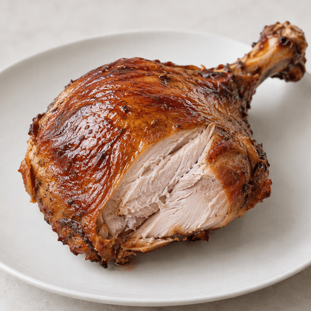 A large bone-in turkey thigh with taut, glossy mahogany-brown skin, irregular roasted-looking edges, and a cut section showing firm pale pinkish-beige meat with visible fibres, served on a plain plate.