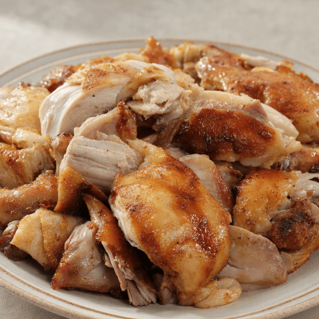 Irregular pieces of turkey thigh have browned, lightly glossy surfaces and pale, tender-looking interiors, served together on a plate.
